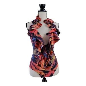 💕Red Carter one piece halter Ruffled Tropical Print Swimsuit‎